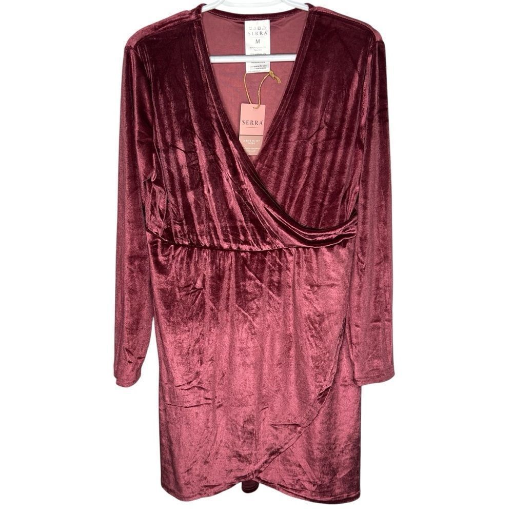 New Serra F Wrap Velvet Burgundy V- Neck Long Sleeve Dress Sz M Holiday Party